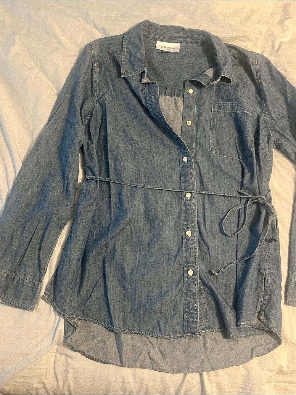 Maternity Chambray Tie-Waist Button-Up in Light Blue